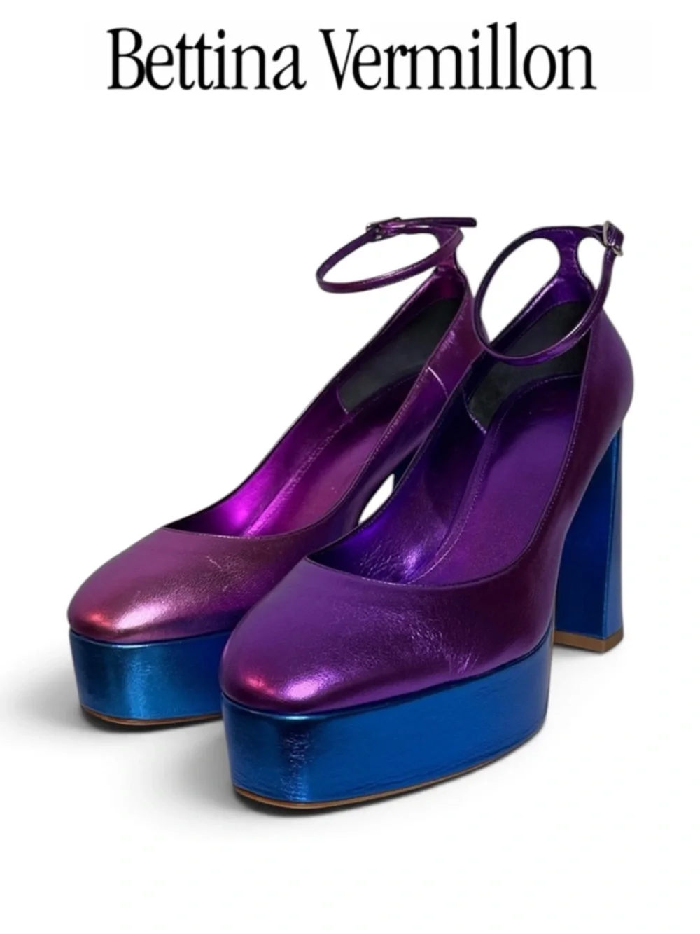 NIB BETTINA VERMILLON AMY METALLIC BLUE PLATFORM BLOCK HEELS RETRO SIZE EU 39